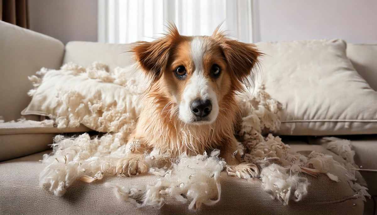 A guilty looking dog surrounded by stuffing from a chewed sofa cushion