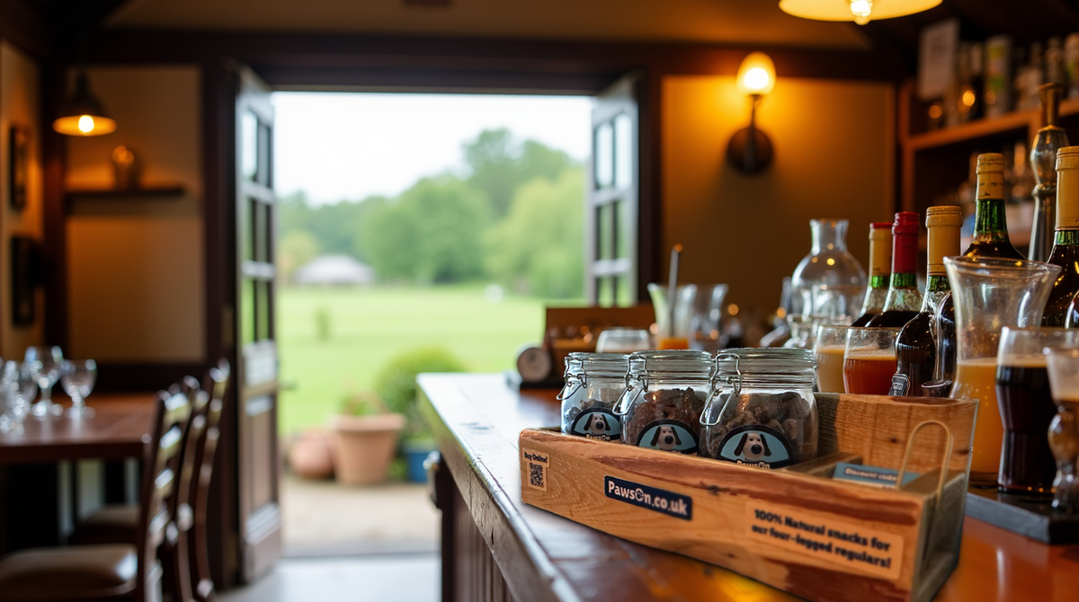 A PawsOn Treat Station, a reclaimed wood stand holding jars of natural dog treats, set up in a pub