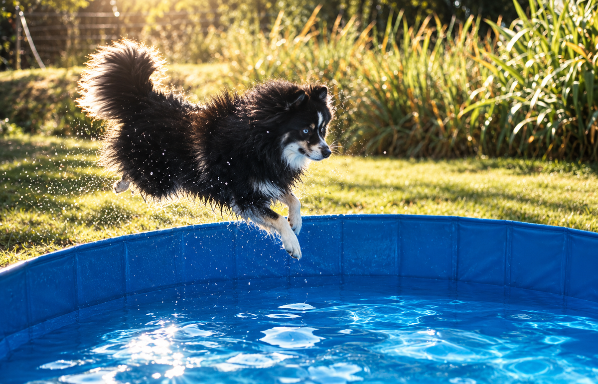 A black and white dog leaping into a blue paddling pool in a sunny garden
