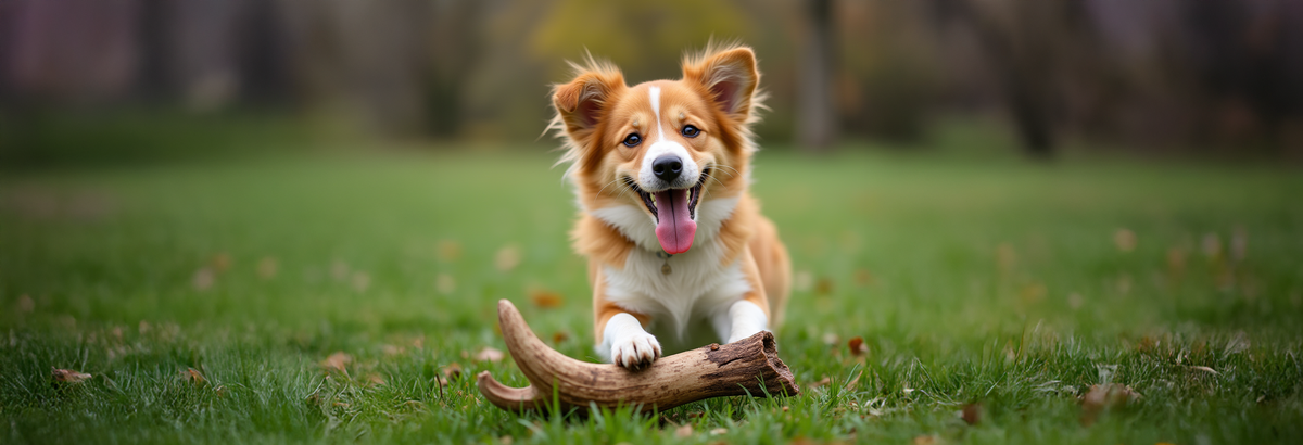 A dog with a natural antler chew