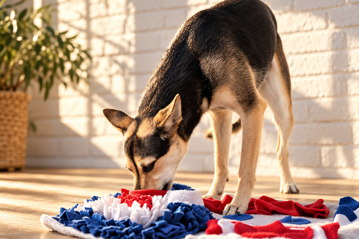 A black and tan dog nosing through a colourful snuffle mat on a living room floor