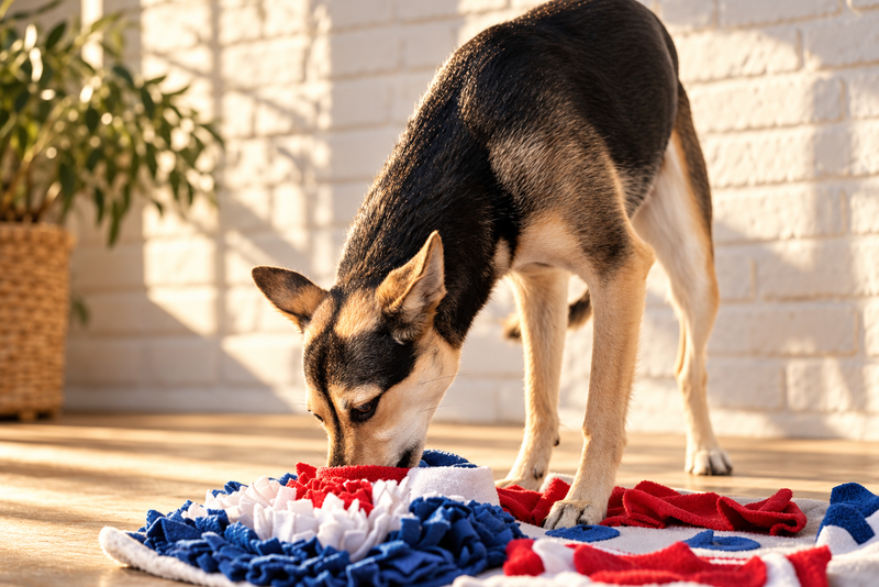 A black and tan dog nosing through a colourful snuffle mat on a living room floor