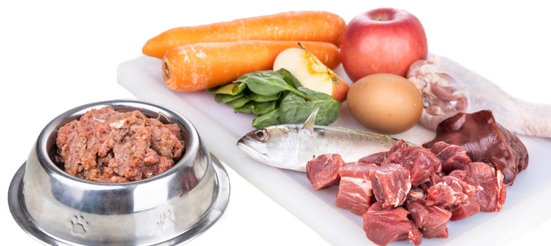 Separate raw dog food ingredients laid out on a white board: beef, liver, a whole fish, an egg, spinach, carrots and apple, beside a metal bowl