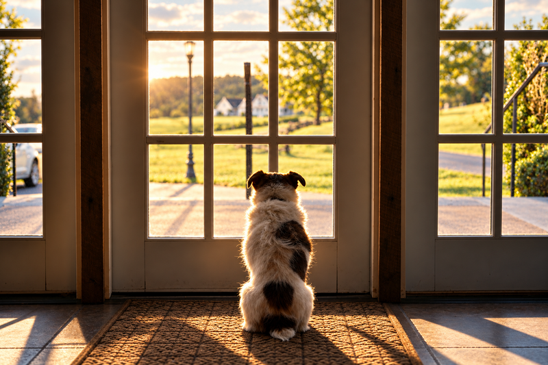 A dog sitting on a rug facing a window, looking out and waiting for its owner