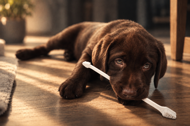 A puppy with a dog toothbrush, illustrating early dental care during teething