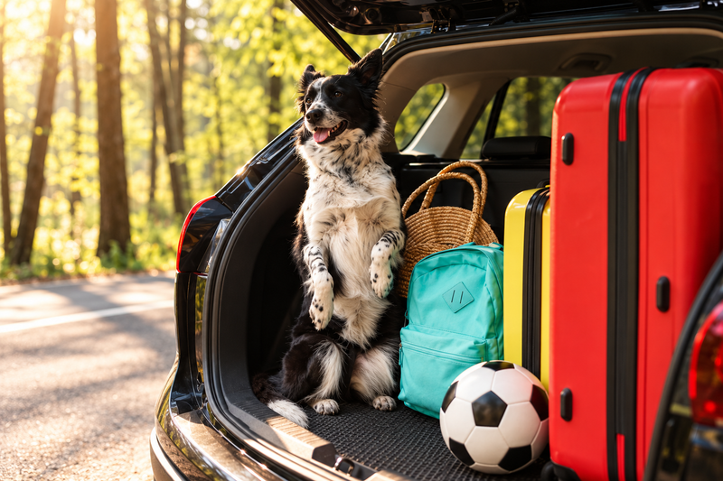A border collie sitting in an open car boot beside suitcases and a backpack, ready for a journey