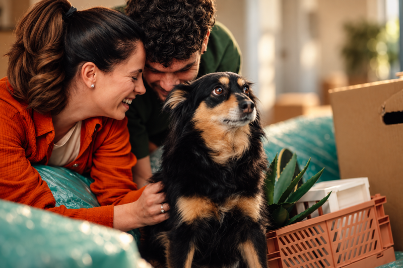 A couple sitting among moving boxes in a new home, smiling at their dog