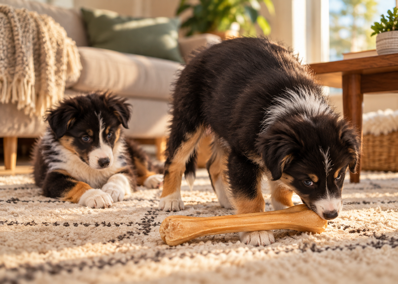 Two Australian Shepherd puppies with a bone, one chewing it while the other lies watching