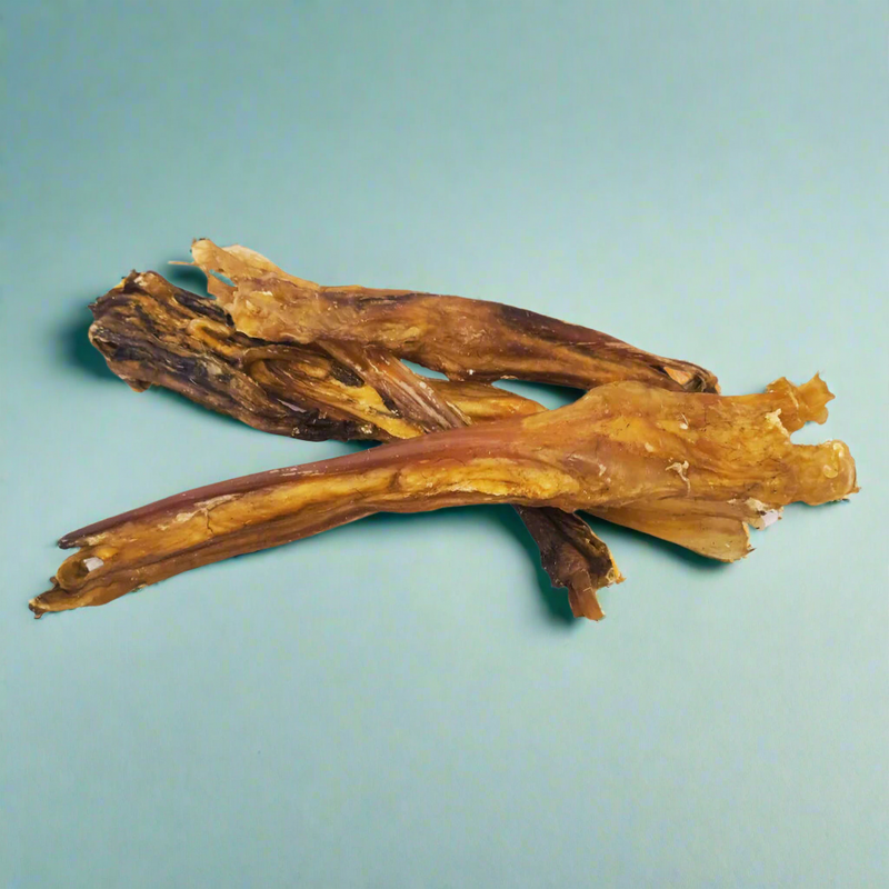 Dried beef tendons, pale and stringy, laid flat
