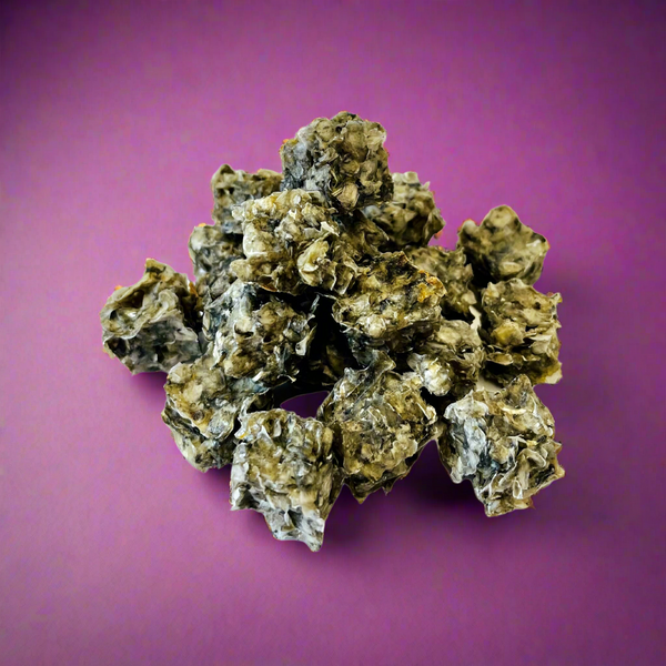 Small dried cubes of fish skin, laid flat