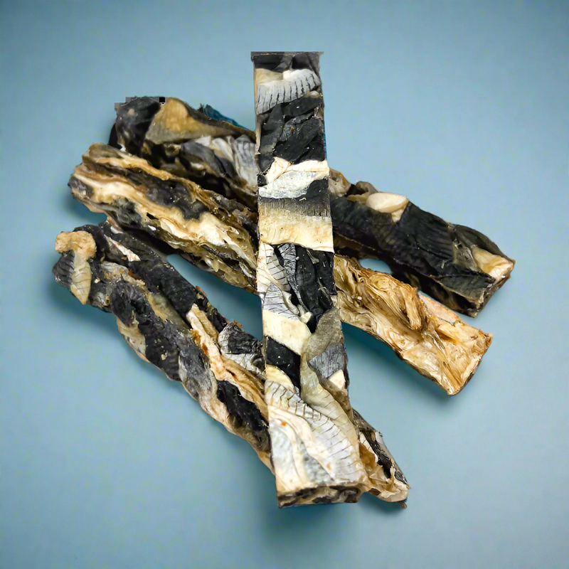 Dried strips of fish skin, laid flat