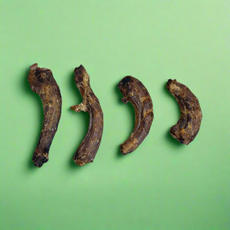 Dried chicken necks, laid flat