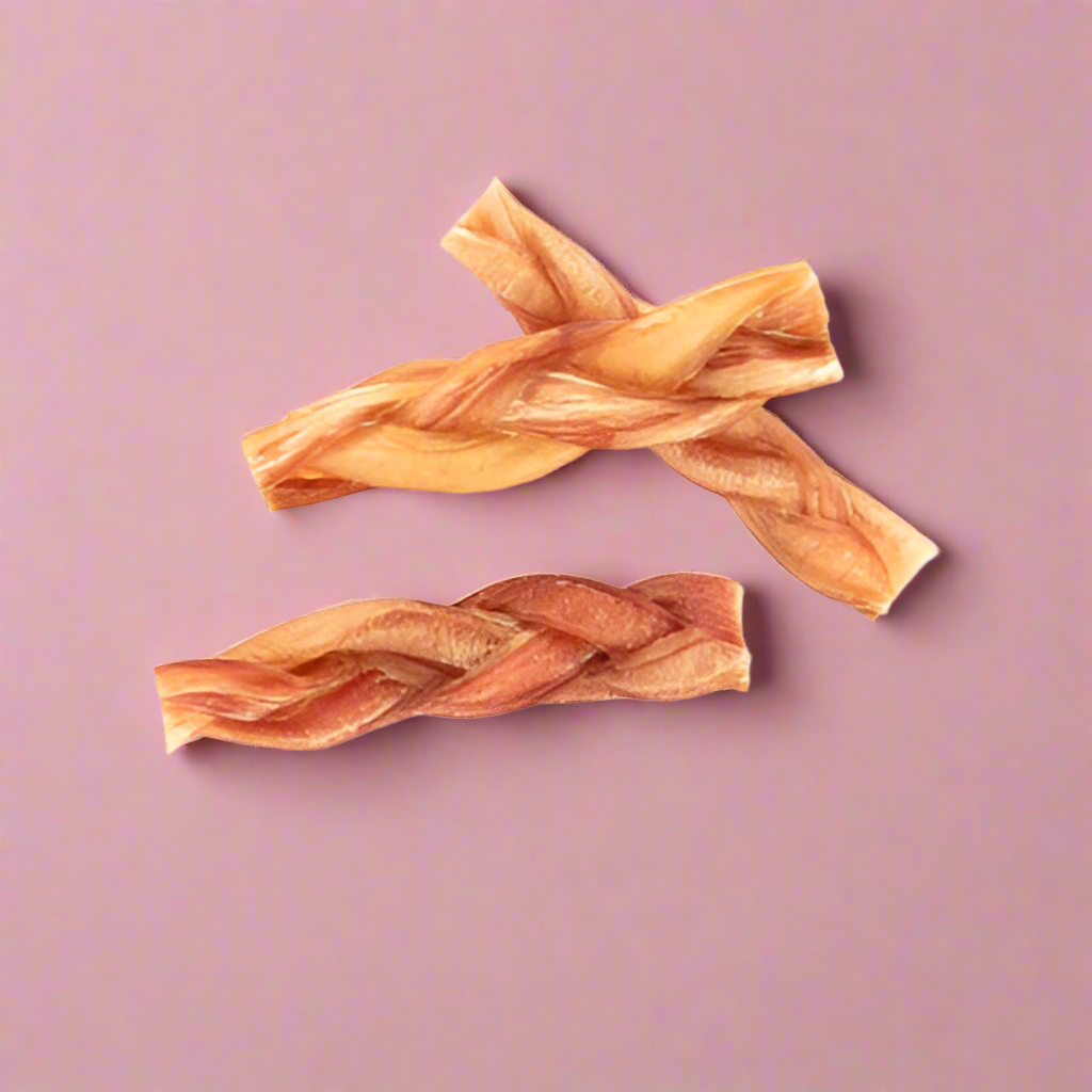 Plaited lengths of dried pizzle, laid flat