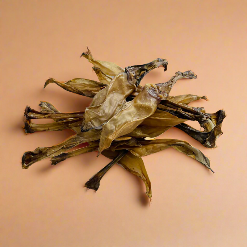 Whole dried rabbit ears with the fur removed, laid flat