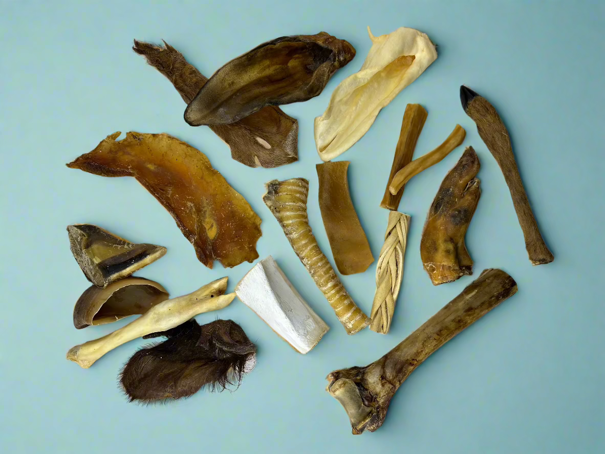 A PawsOn cardboard treat box packed with large hard wearing chews, shown from another angle
