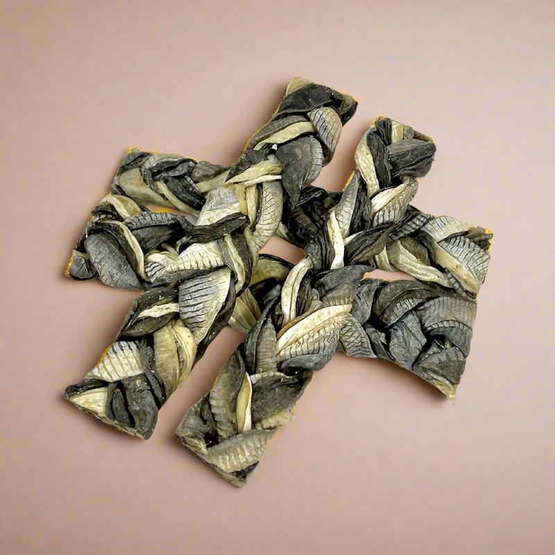 Plaited lengths of dried fish skin, laid flat