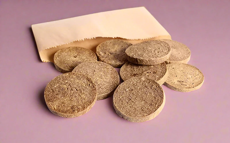 Pressed beef coins for dogs, laid flat