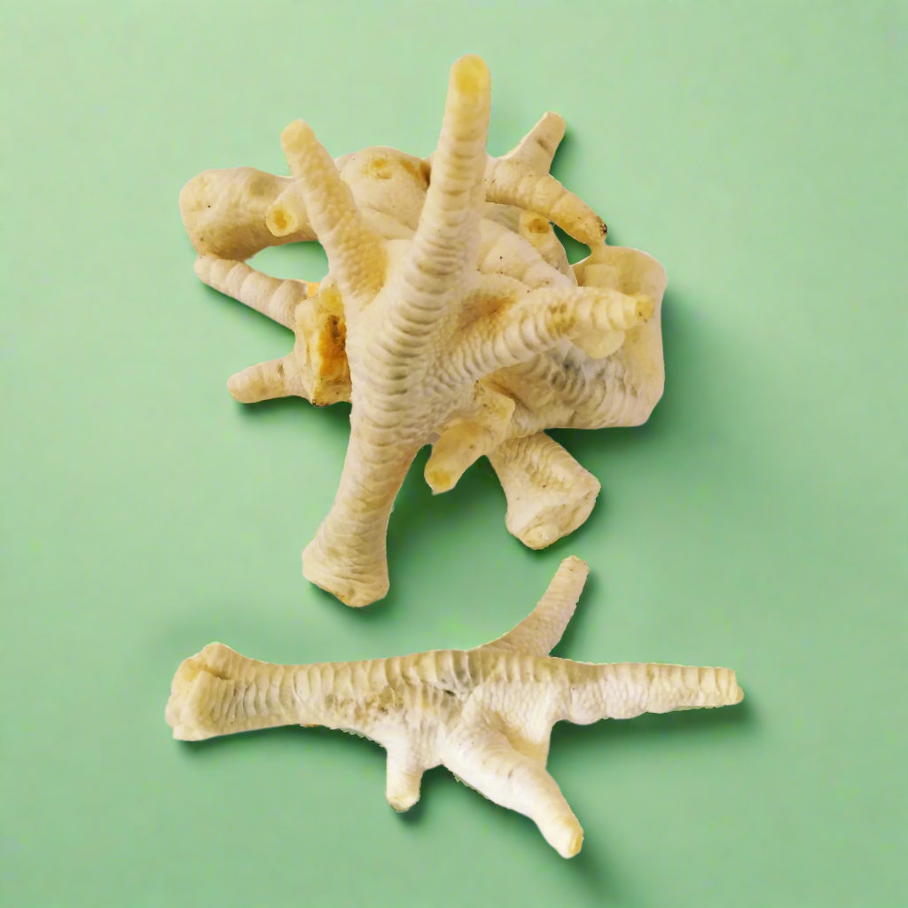 Puffed chicken feet, pale and light with the toes intact, laid flat