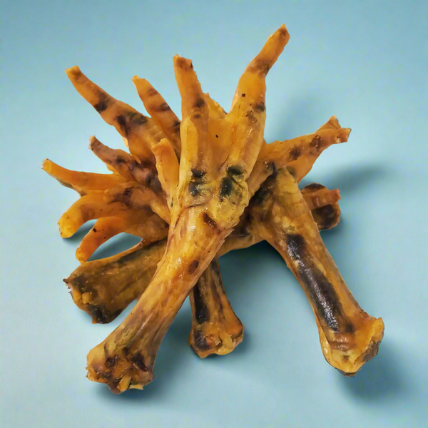 Dried natural chicken feet with the toes and claws intact, laid flat