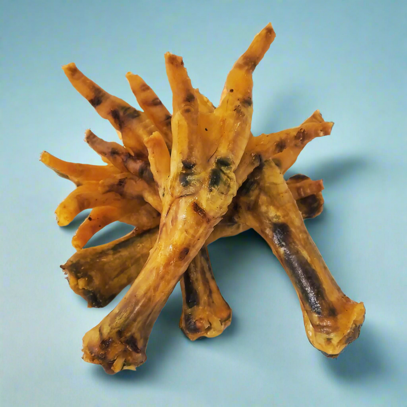 Dried natural chicken feet with the toes and claws intact, laid flat