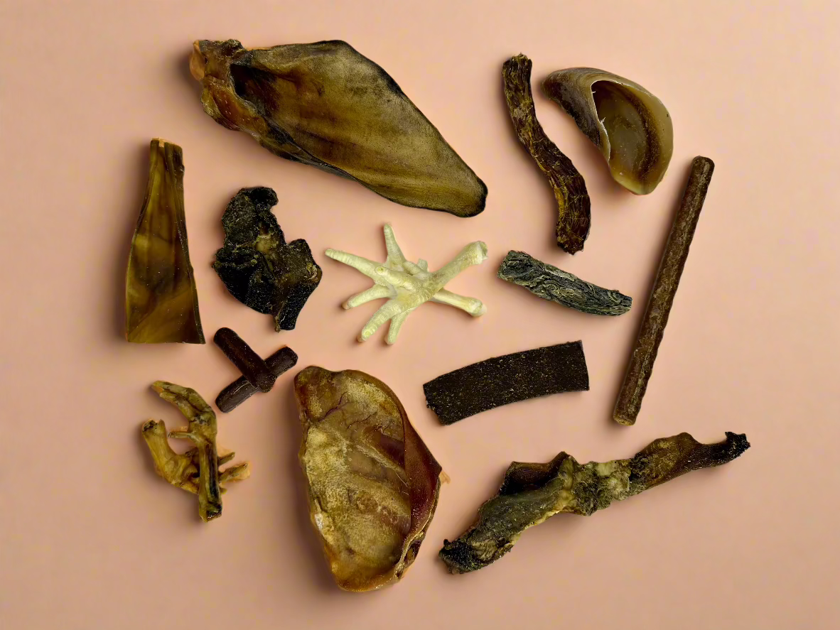 A PawsOn cardboard treat box packed with everyday natural chews, shown from another angle