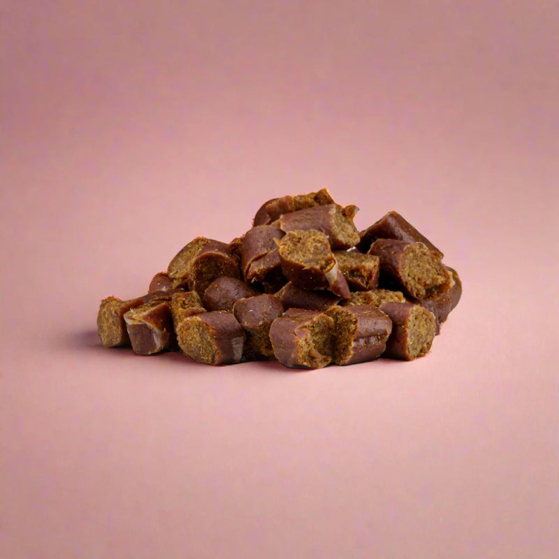 Small salmon and chicken nibbles for dogs, laid flat