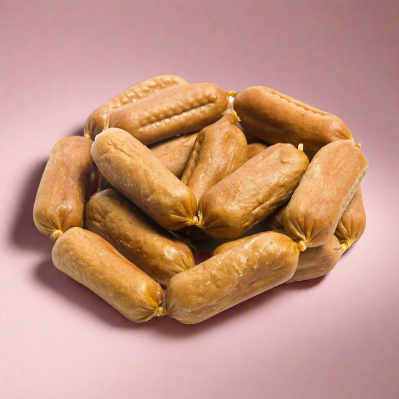 Small rabbit sausages for dogs, laid flat