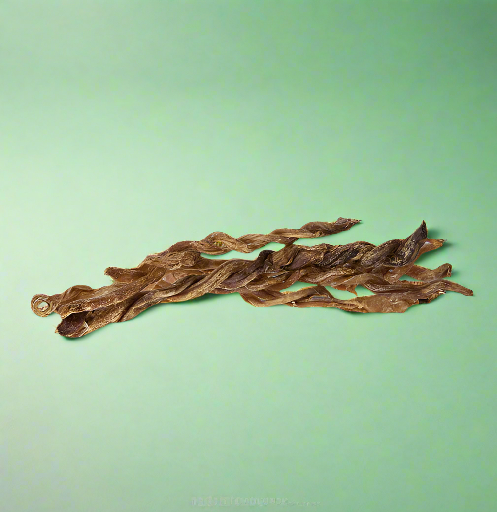 Twisted lengths of dried lamb pizzle, laid flat